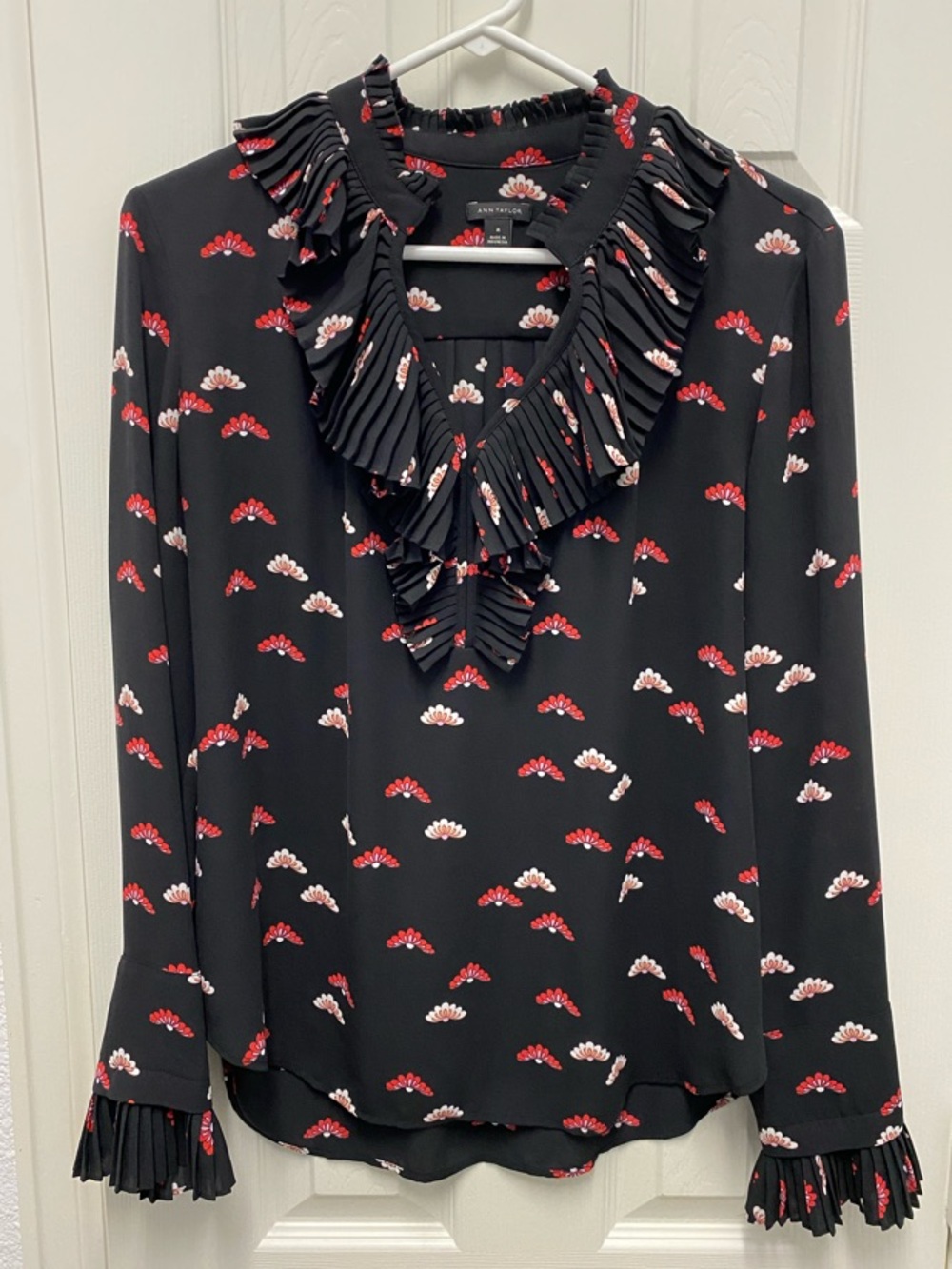 Ann Taylor Black Ruffled V-Neck Blouse with Red & White Floral Fans